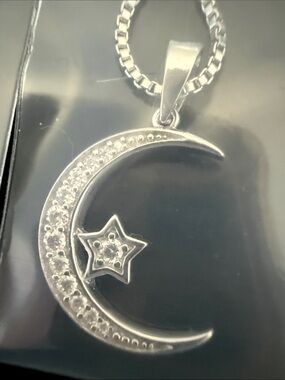 Moon & Star Moissanite Pendant Necklace Sparkling 925 Sterling Silver Crescent